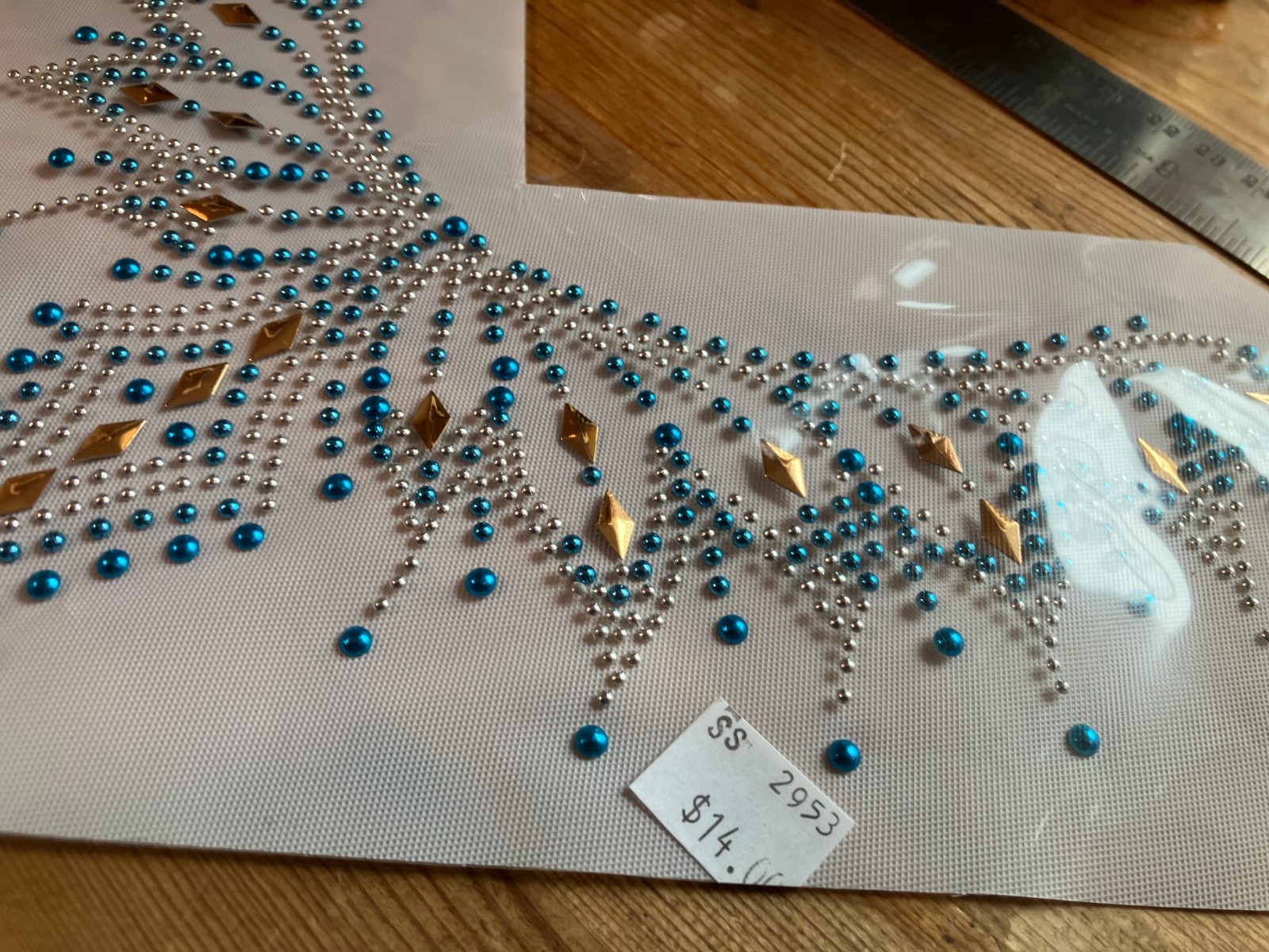 Iron-On Applique Sparkle Gold Teal Neckline Crystal Metal
