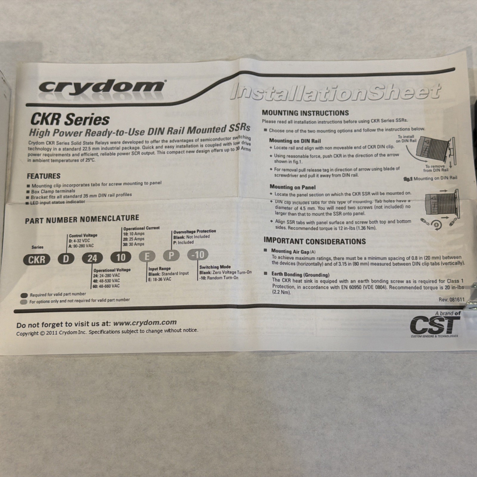 Crydom CKRA2420-10 Solid State Relay 240Volt 20A
