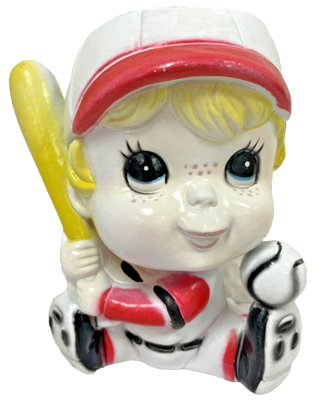 Vintage Rubens Originals Baseball Boy Plastic Planter Small White Red 1974