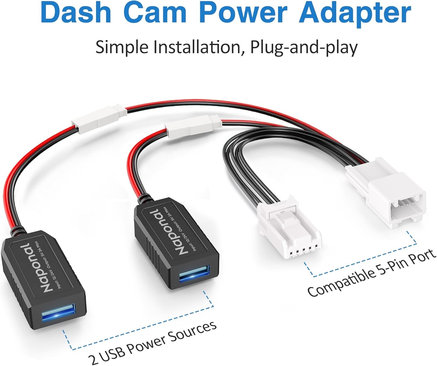 GPS Dash Cam Power Adapter, (5Pin Type E Connector) Mirror Camera Radar Black