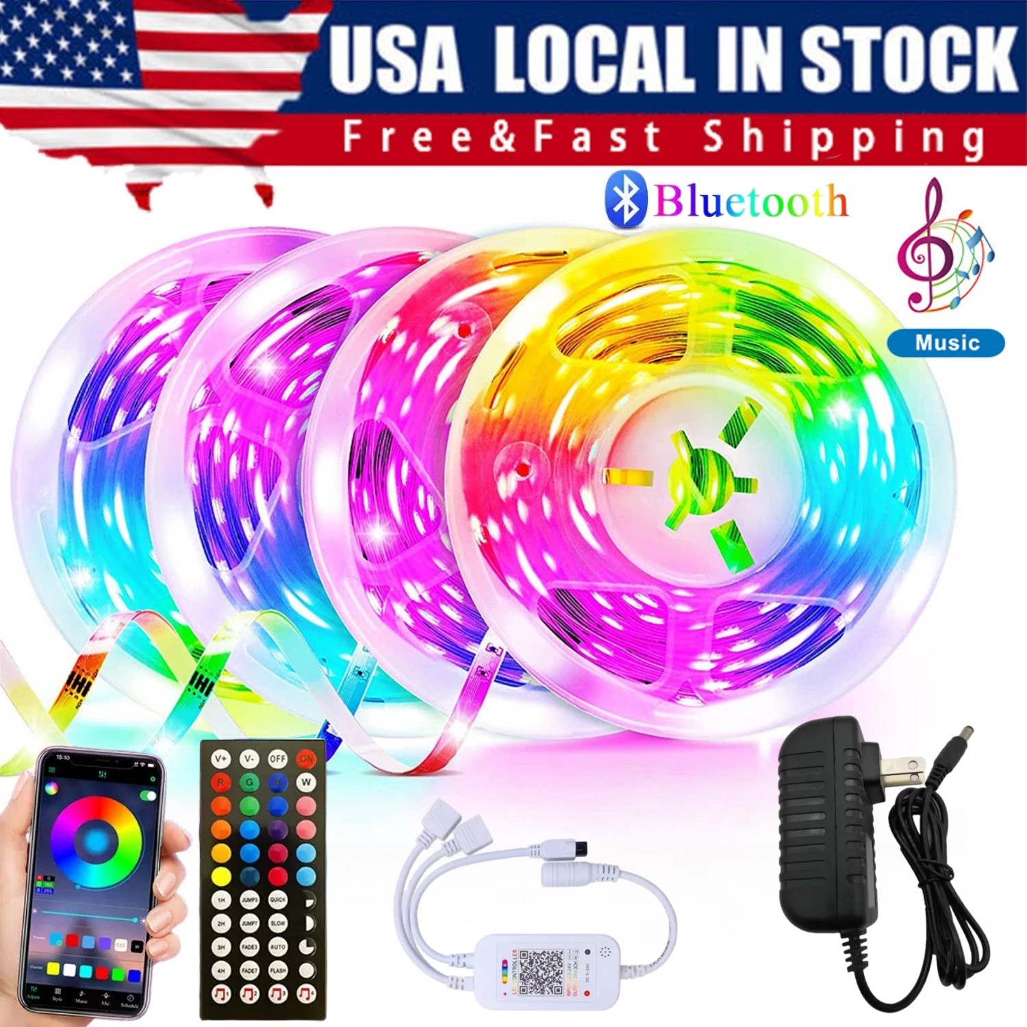 New LED Strip Lights 100ft Music Sync 5050 RGB Room Light with Remote