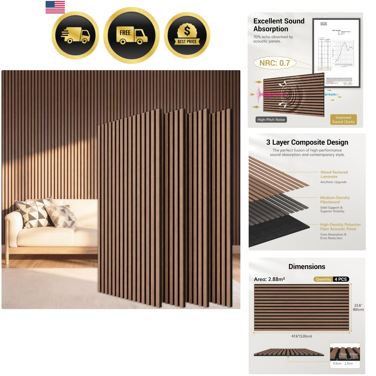 Wood Slatwall Panels, 4 Pack 47.2" x 23.6"/ 120 x60cm31ft² Acoustic Wall Pane...