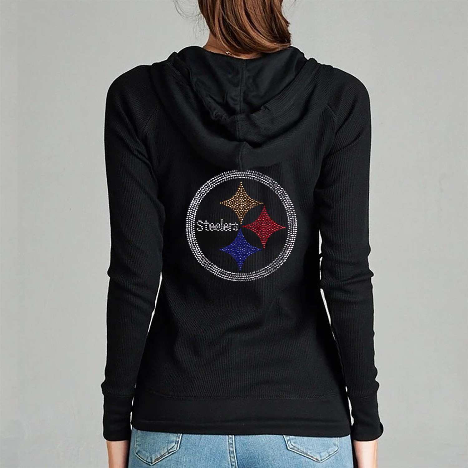 Steelers Football Rhinestone Full Zip Hoodie Sweatshirt
