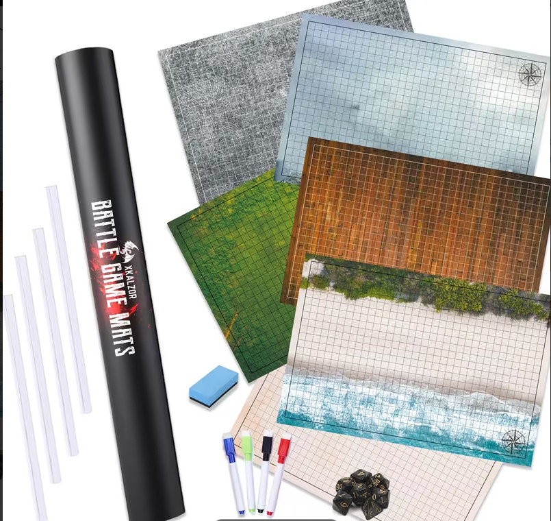6 Terrain Battle Maps Dry Wipe RPG Grid Mats D&D PVC Set Dice Pens 60x90