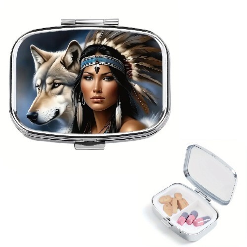 Wolf and Girl Design Pill Box Organizer 2 Compartment Pocket Travel Size