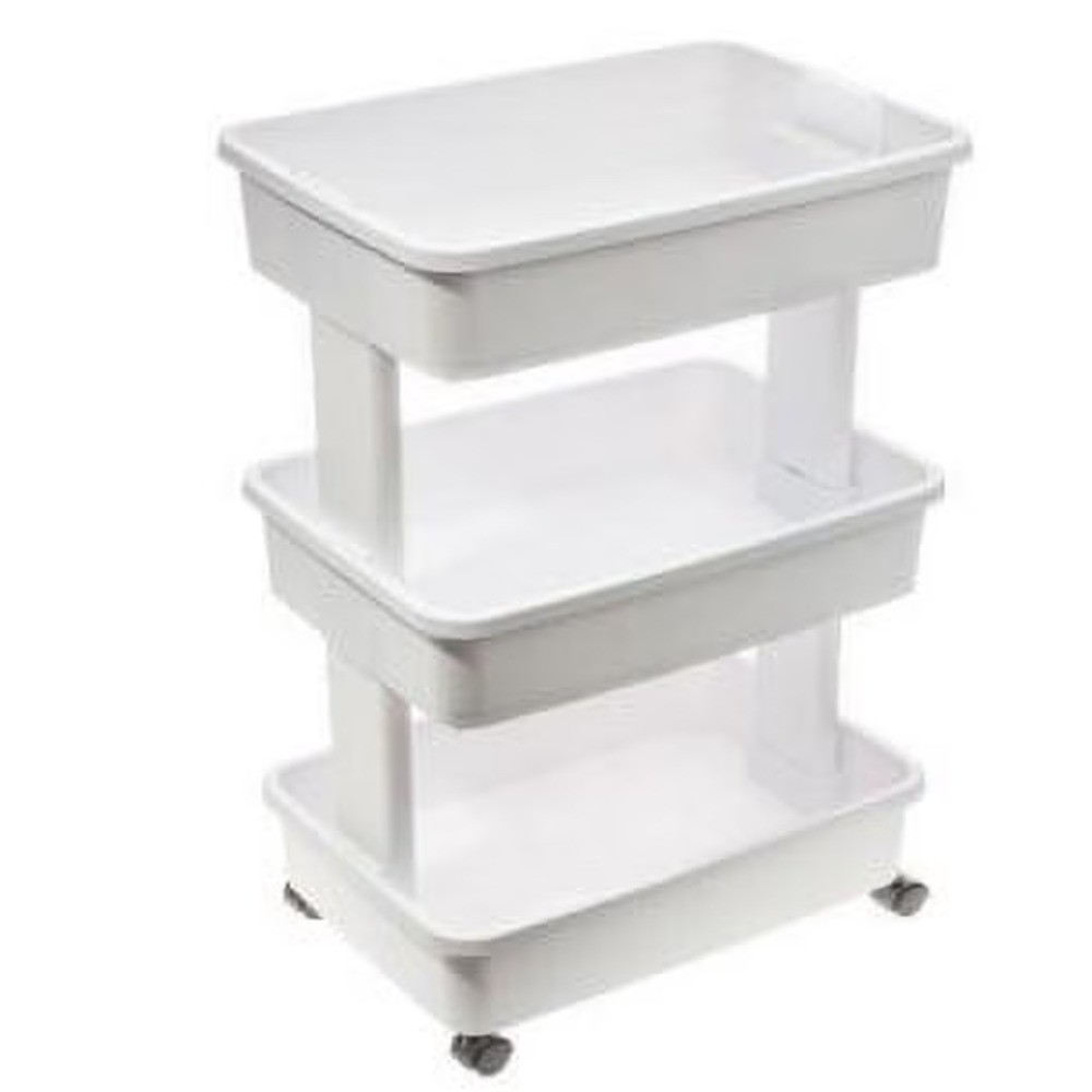 Plastic Rolling Laundry Cart with Wheels 3 Tier Foldable Storage Hamper White
