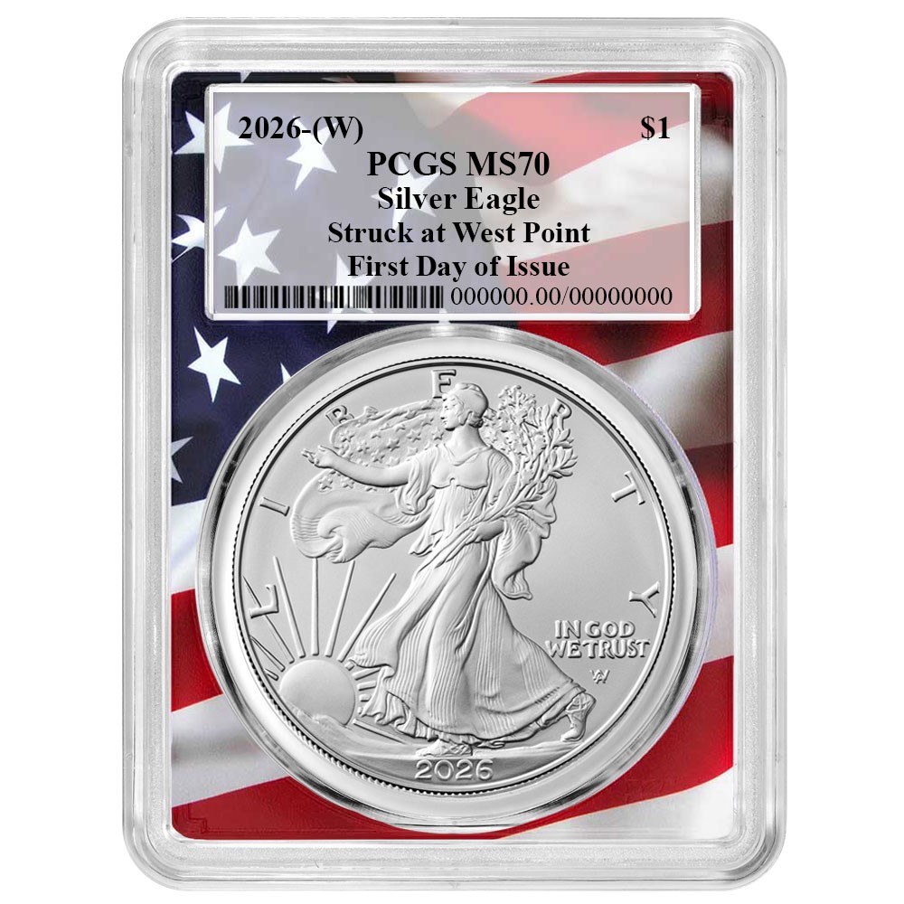 2026 (W) $1 American Silver Eagle PCGS MS70 FDOI Flag Frame
