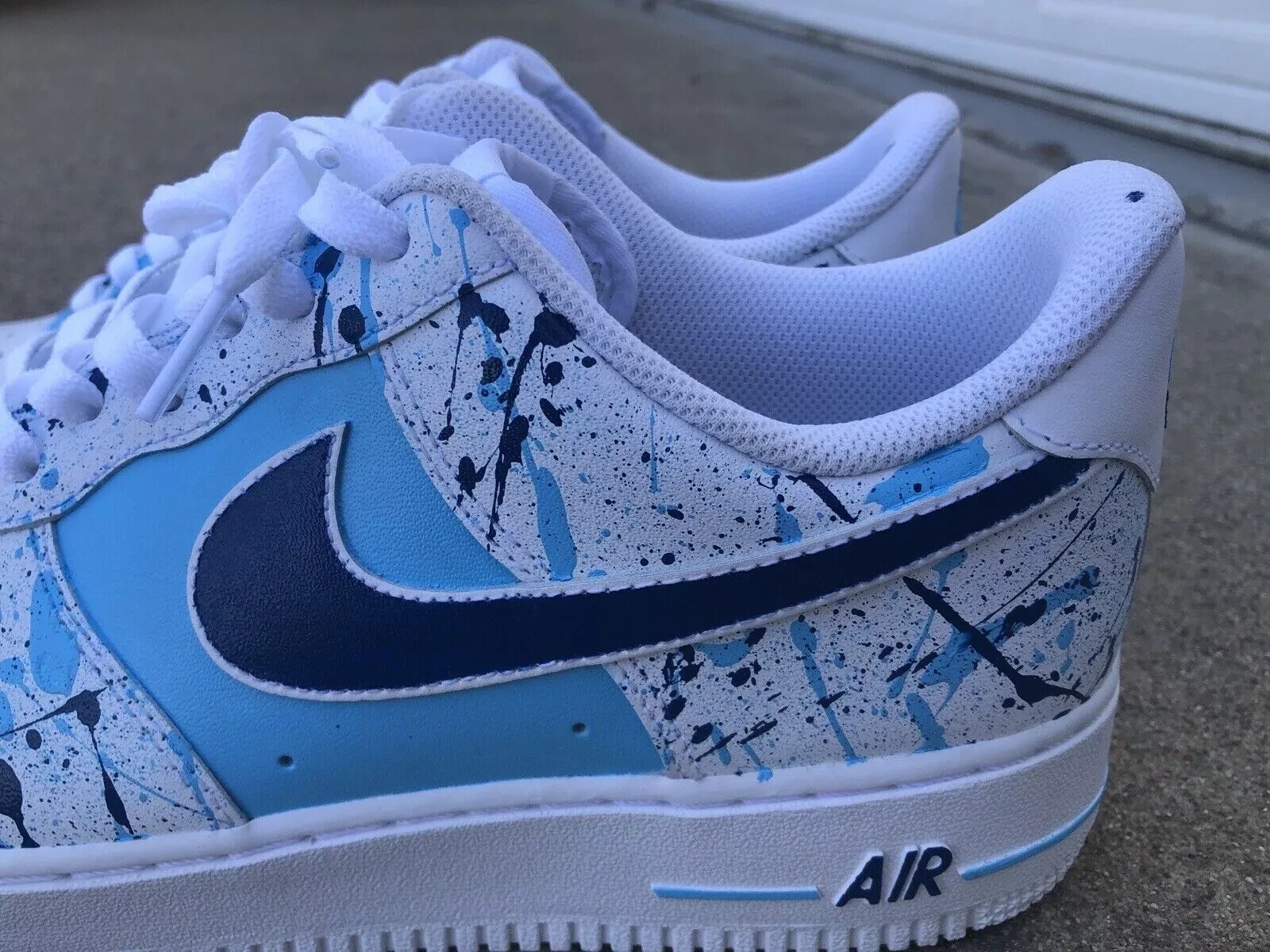 Air Force 1 Custom Shoes White Light & Dark Navy Blue Splatter Mens Size 12