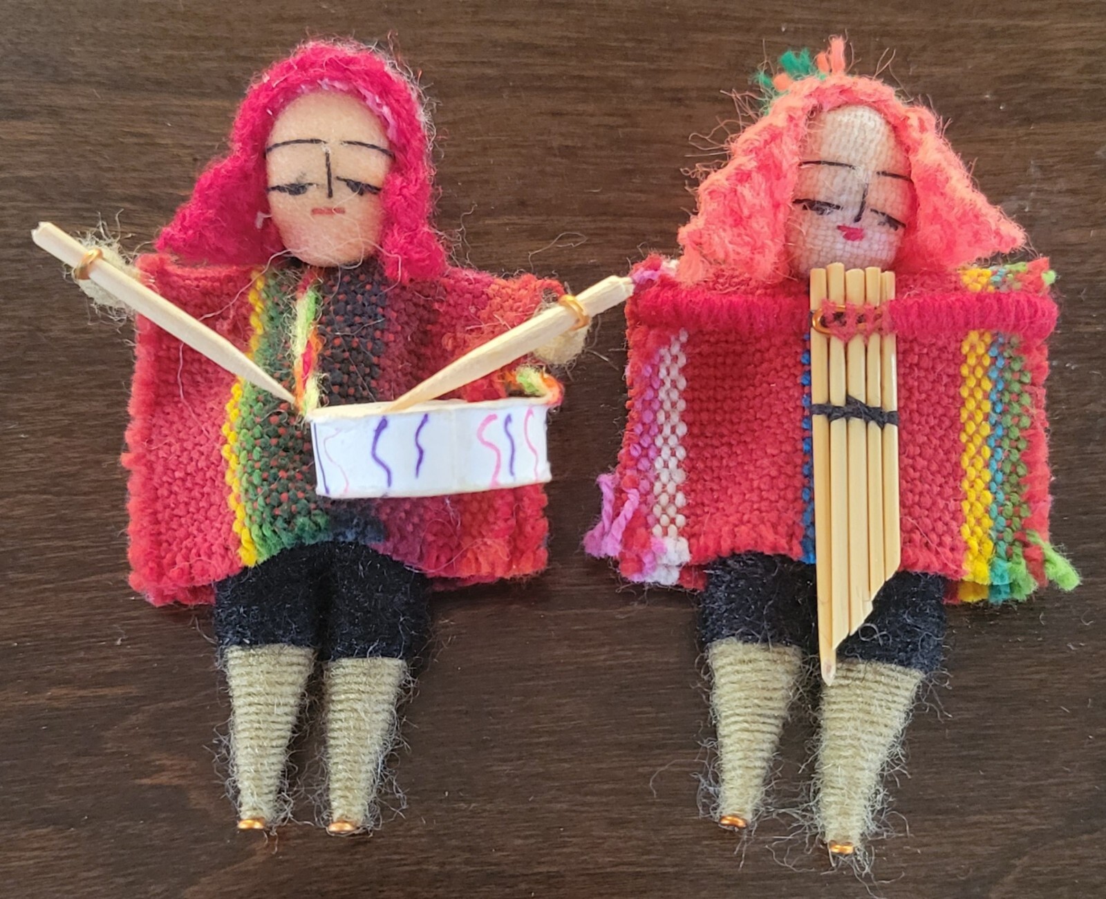 Vintage Pair Small Peruvian Folk Doll Handmade 2.50" Holding Musical Instruments