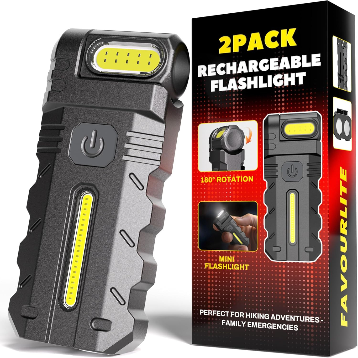 2PACK LED Flashlight Rechargeable, 600 Lumens Portable Flat Mini Flashlights wit