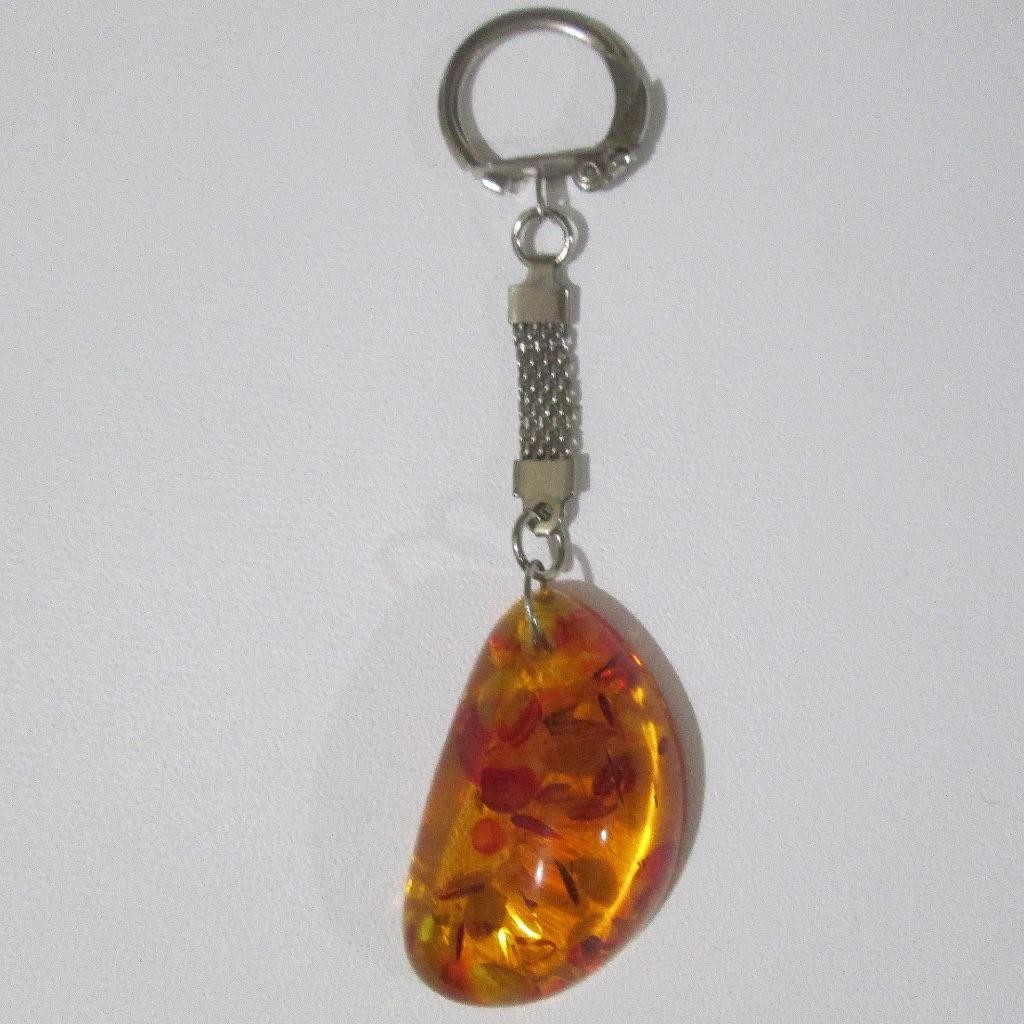 Vintage Lucite Confetti Keychain Mesh Chain Snap Faux Amber Key Ring 60s