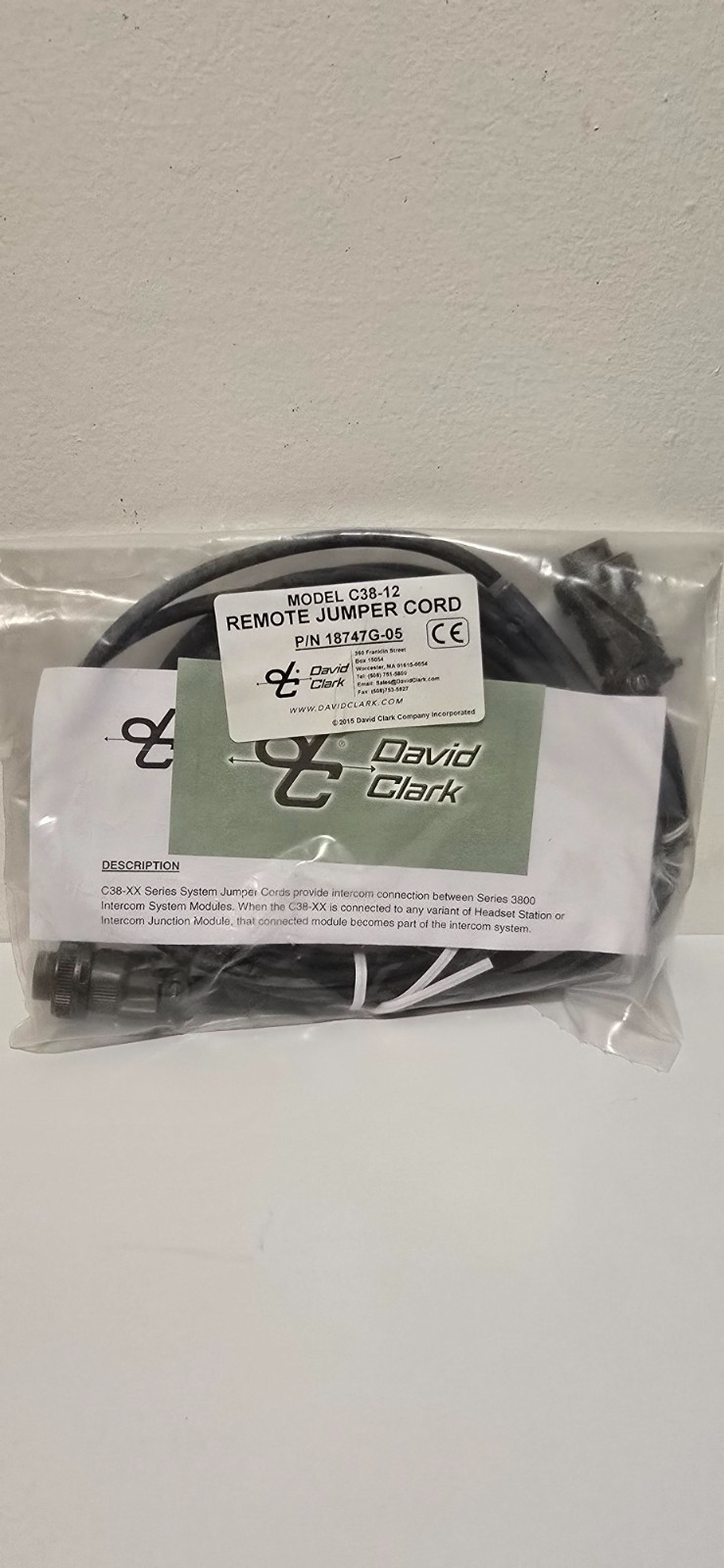 New In Package David Clark C38-12 18747G-05 Remote Jumper Cord 12Ft