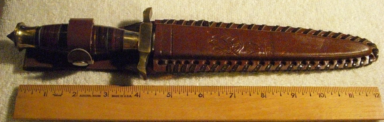 Pakistan Steel Blade Brass Leather Handle Double Edged Dagger w/ Brown Sheath