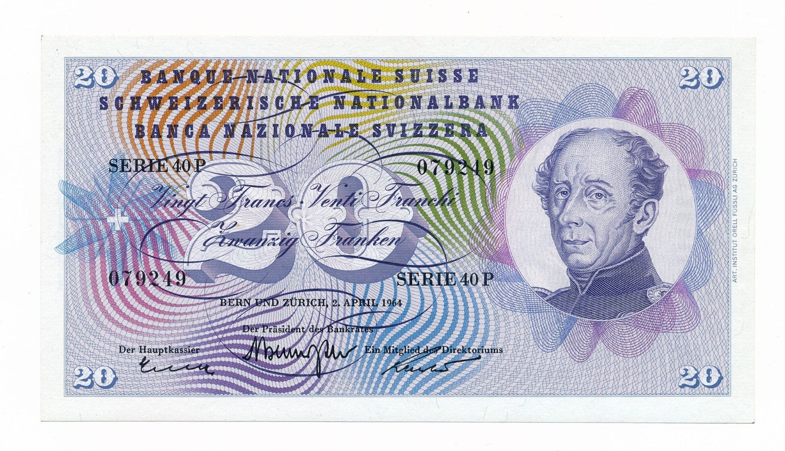 SWITZERLAND 20 Francs 1964 P. 46 / 46k Unc Note - Sign. Brenno Galli / R. Motta