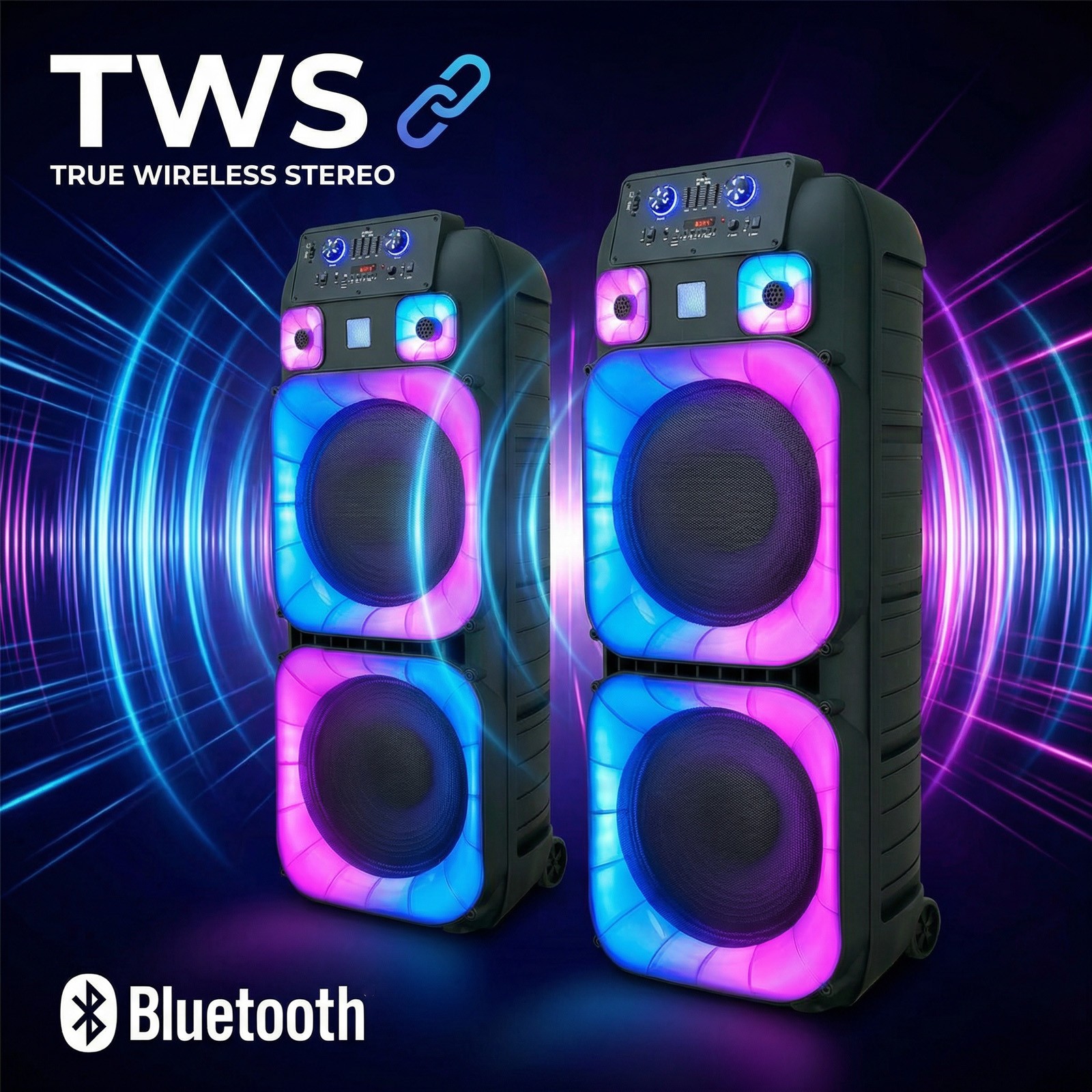 Dual 15" Massive Speaker Wireless Mic TWS PA System Party Speaker LED Lights USB