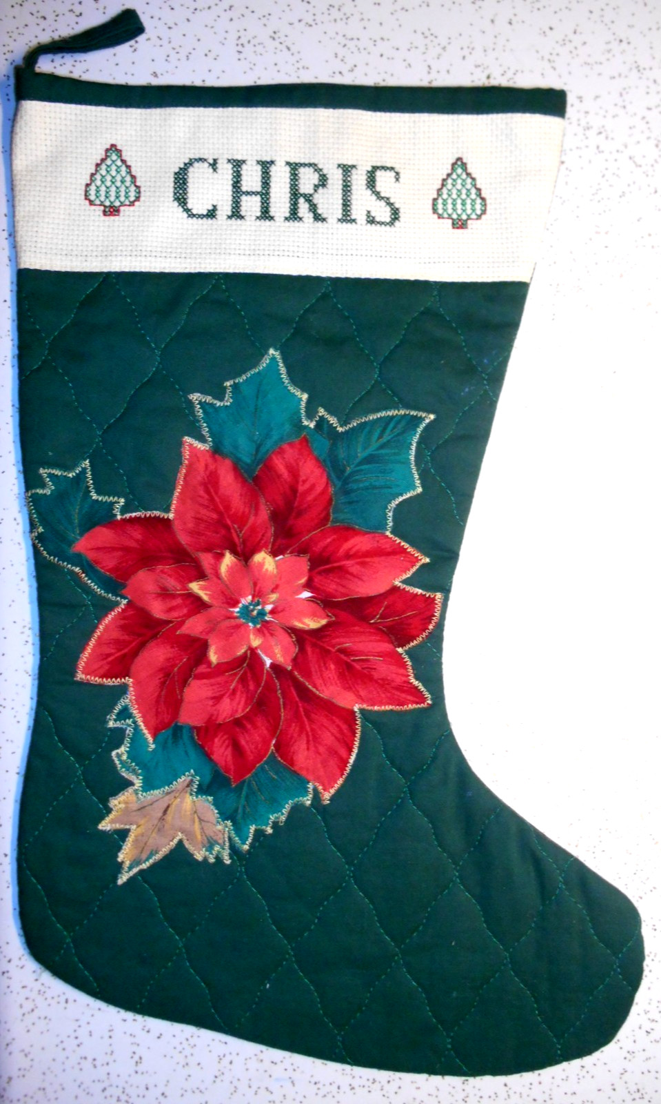 Quilted Christmas Stocking (Already Cross Stitched) Personalized CHRIS 19"