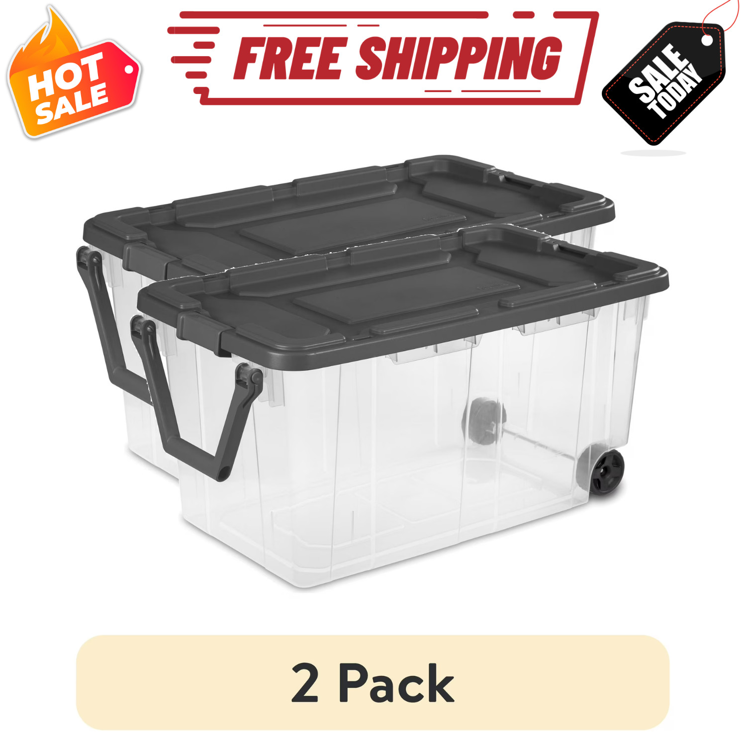 2 Pack Sterilite 160 Quart Wheeled Storage Bin Clear with Pull Handle