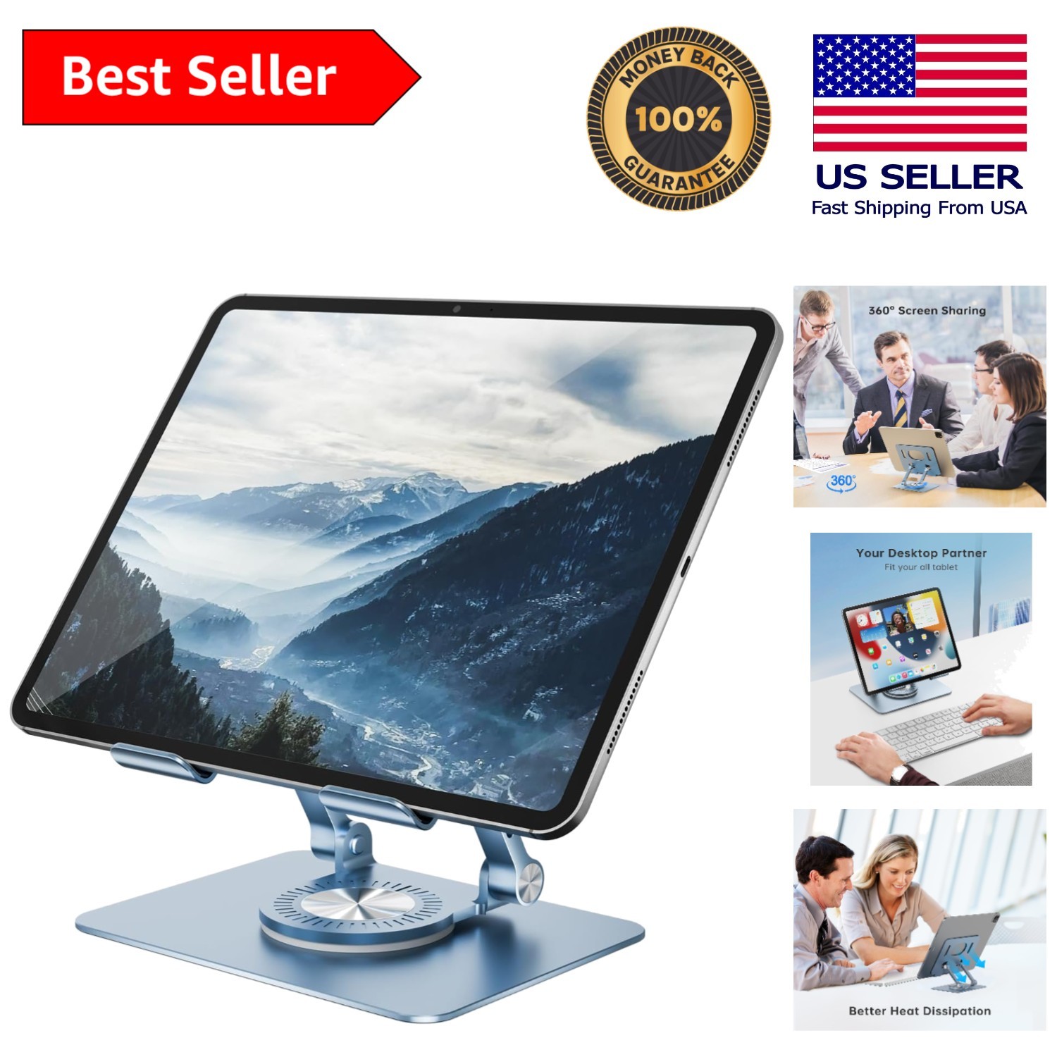 Universal Tablet Stand with Adjustable Height & 360° Swivel Base - Blue Elegance