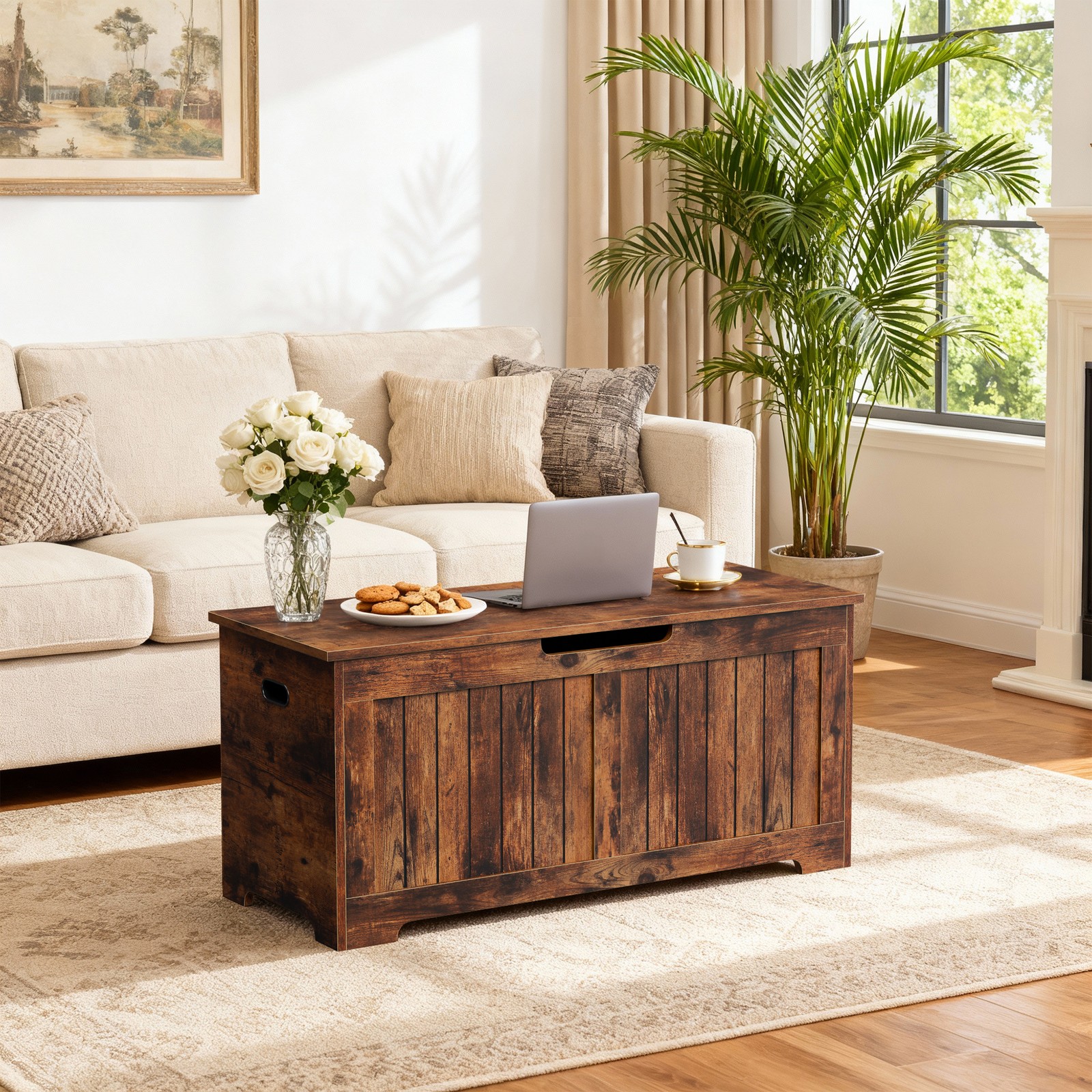 Storage Chest Storage Bench with Safety Hinge White for Playroom Rustic Brown