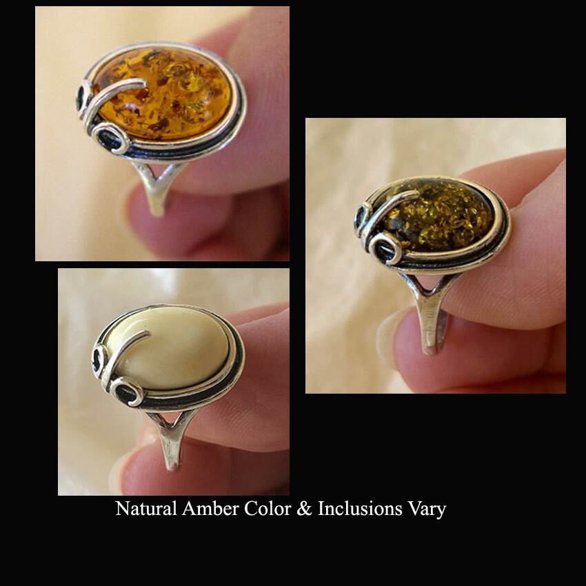 BALTIC BUTTERSCOTCH GREEN or HONEY AMBER & STERLING SILVER HANDMADE RING
