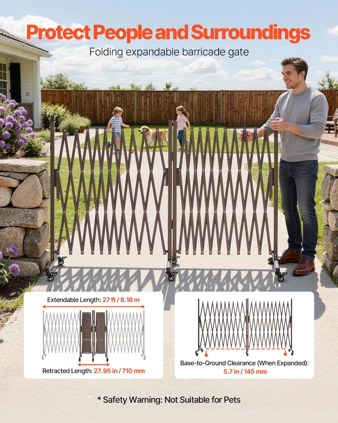 Expandable Safety Barrier 27FT, Rotatable Mobile Barricade with Locking Casters,