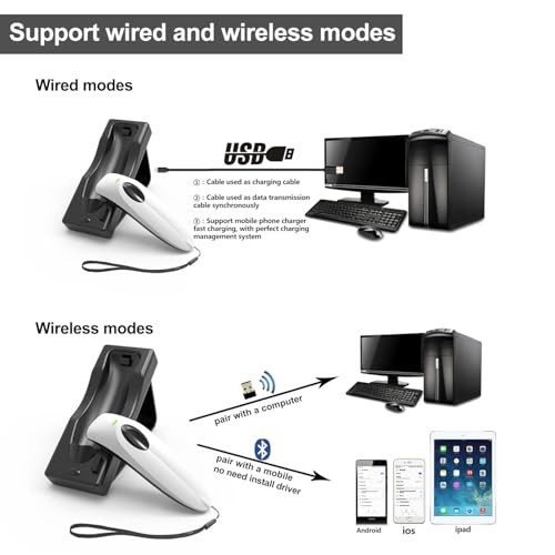 Bluetooth Wireless Handheld Barcode Scanner with Base 2.4G Wireless+USB Wired