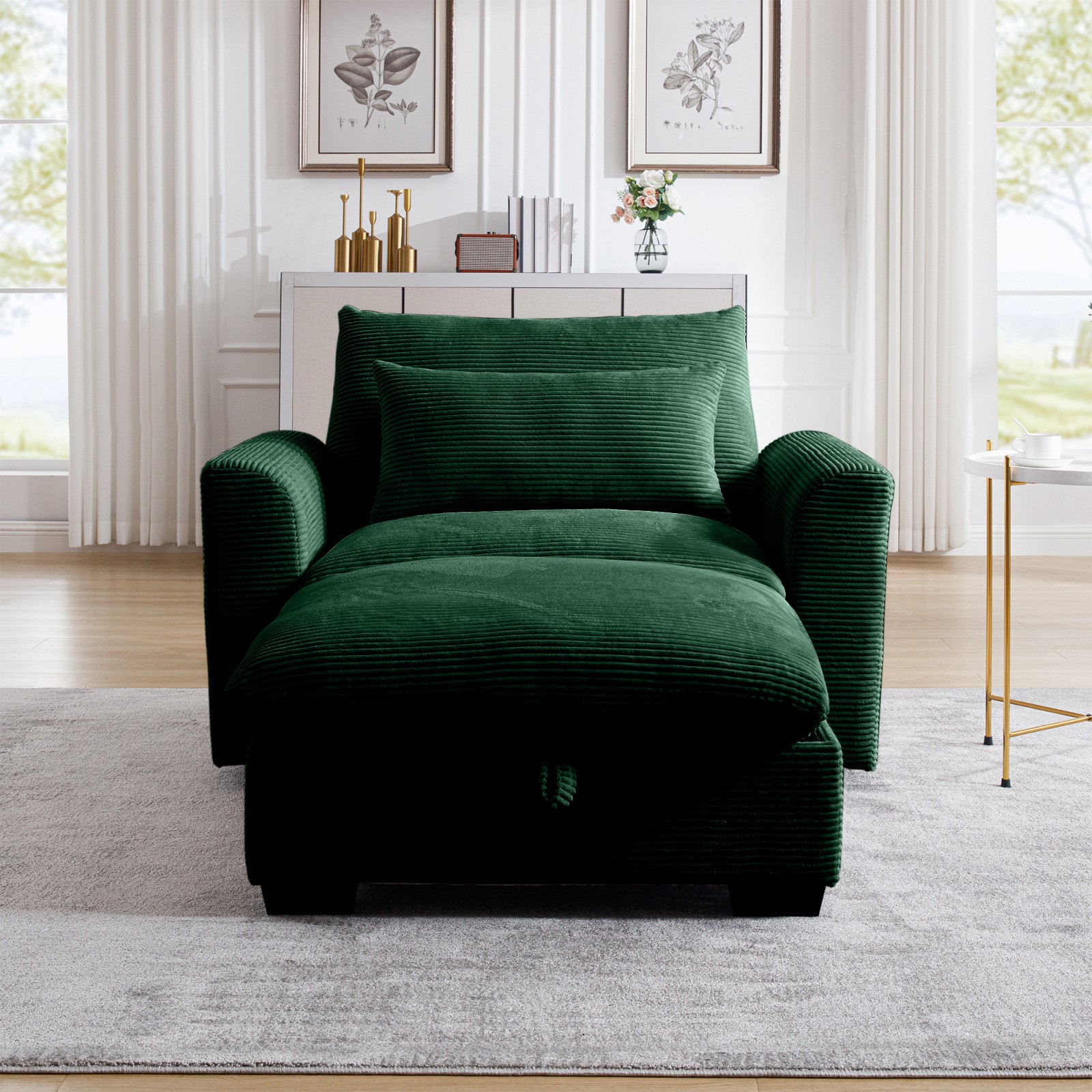 Green Corduroy Modular Sofa with Storage Ottoman, Deep Seat