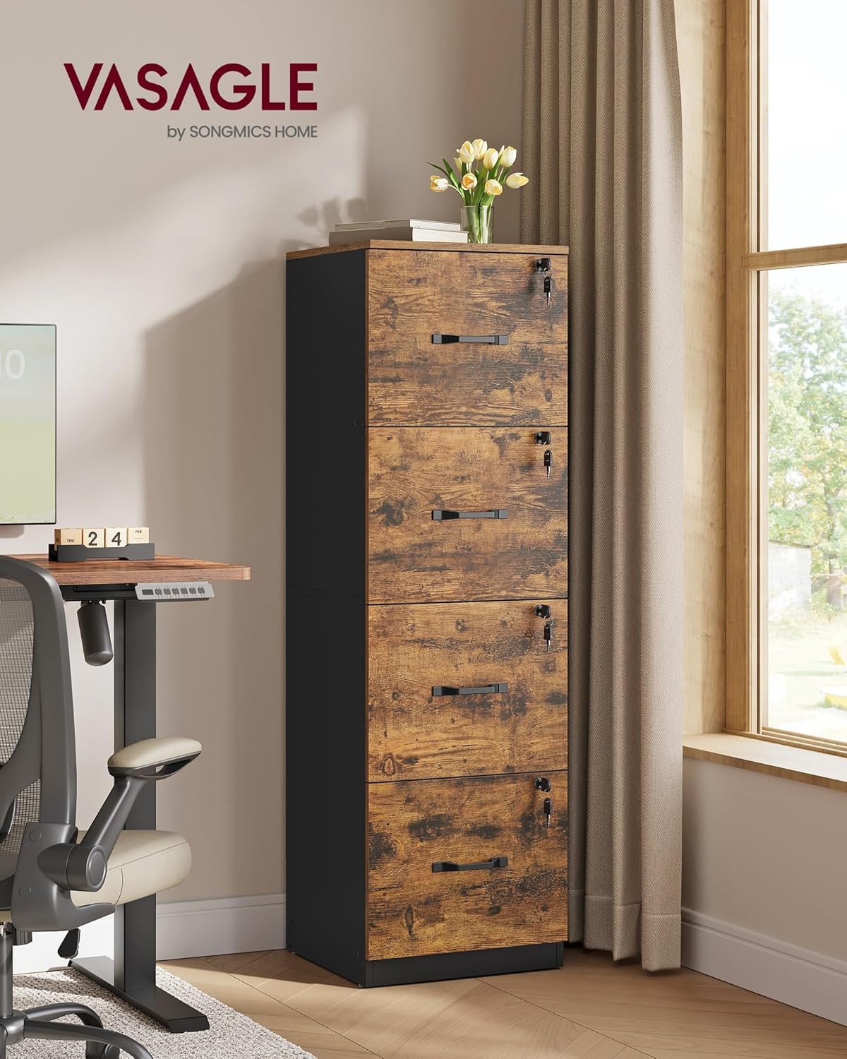 Vertical File Cabinet 4 Drawer Rustic Brown