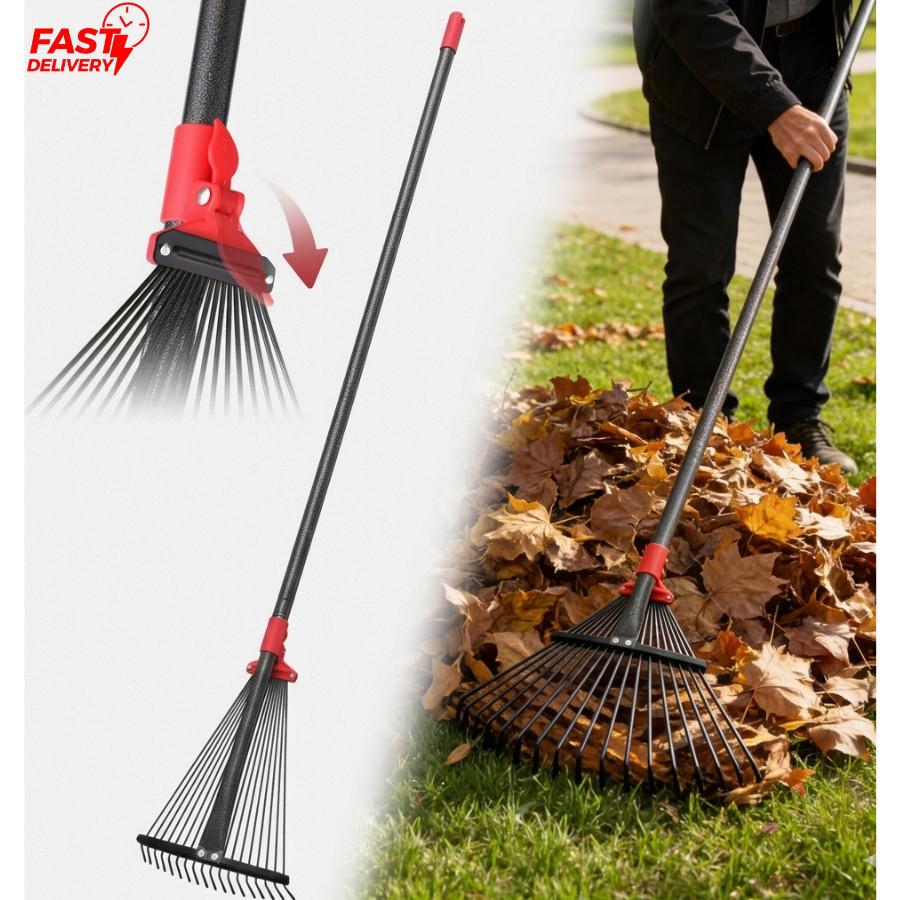 Garden Rake for Leaves: 55 Inch Adjustable Long Handle 18 Metal Tines with 8-17"