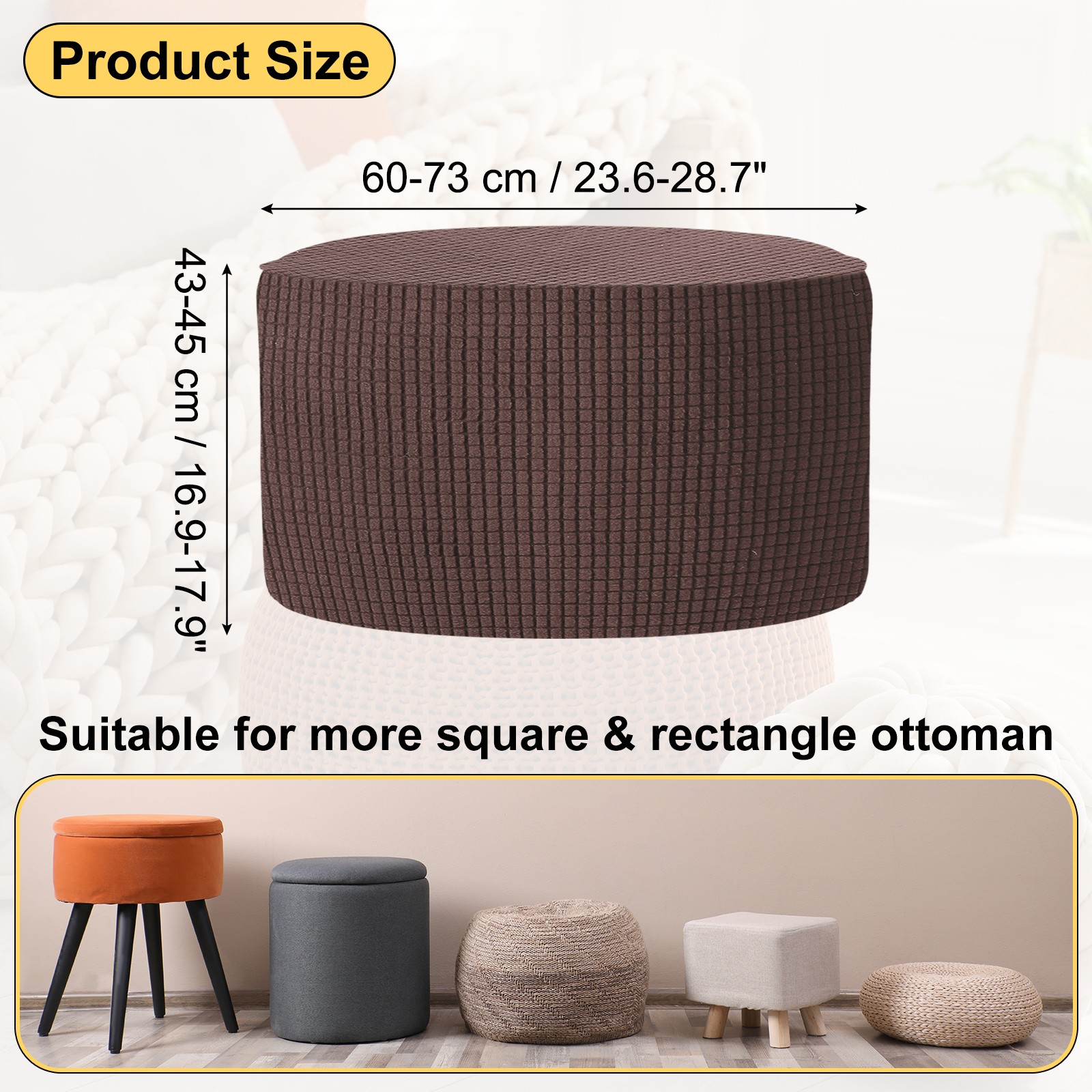 Ottomen Cover Round with Elastic Bottom, (Medium Size, Brown)