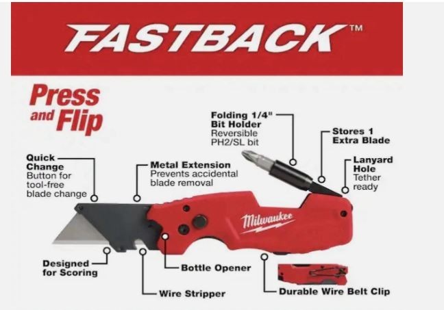 Milwaukee 6-in-1 Utility Knife w/ Folding Bit Holder Fastback 48-22-1505 New
