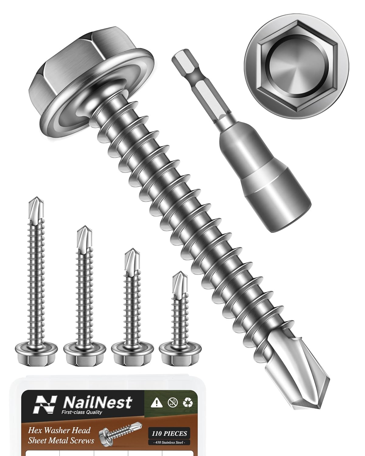 110PCS #8 Self Drilling Screws Assortment Kit, 5 Common Size Self Tapping Screws