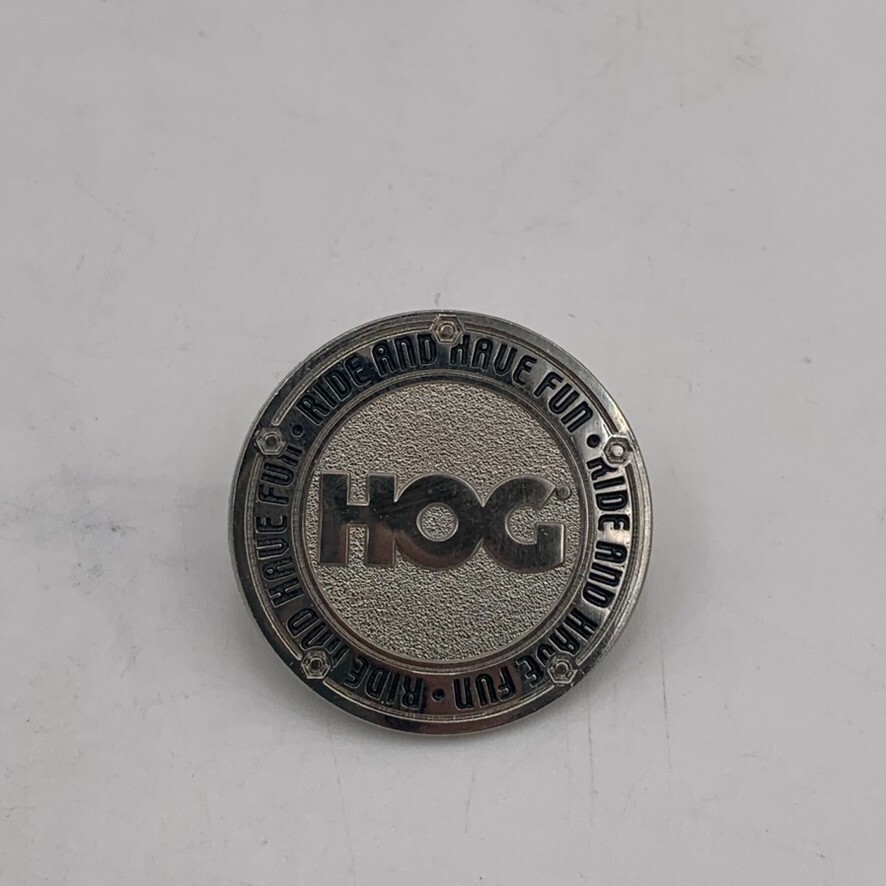 VTG HOG Harley Davidson Motorcycle Round Silver Tone Riders Pin Badge