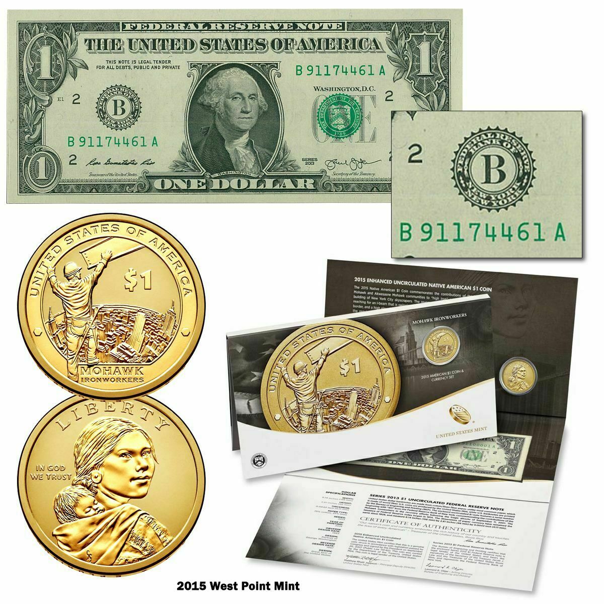 2015 $1 Coin and Currency Set - Mohawk Ironworkers Sacagawea