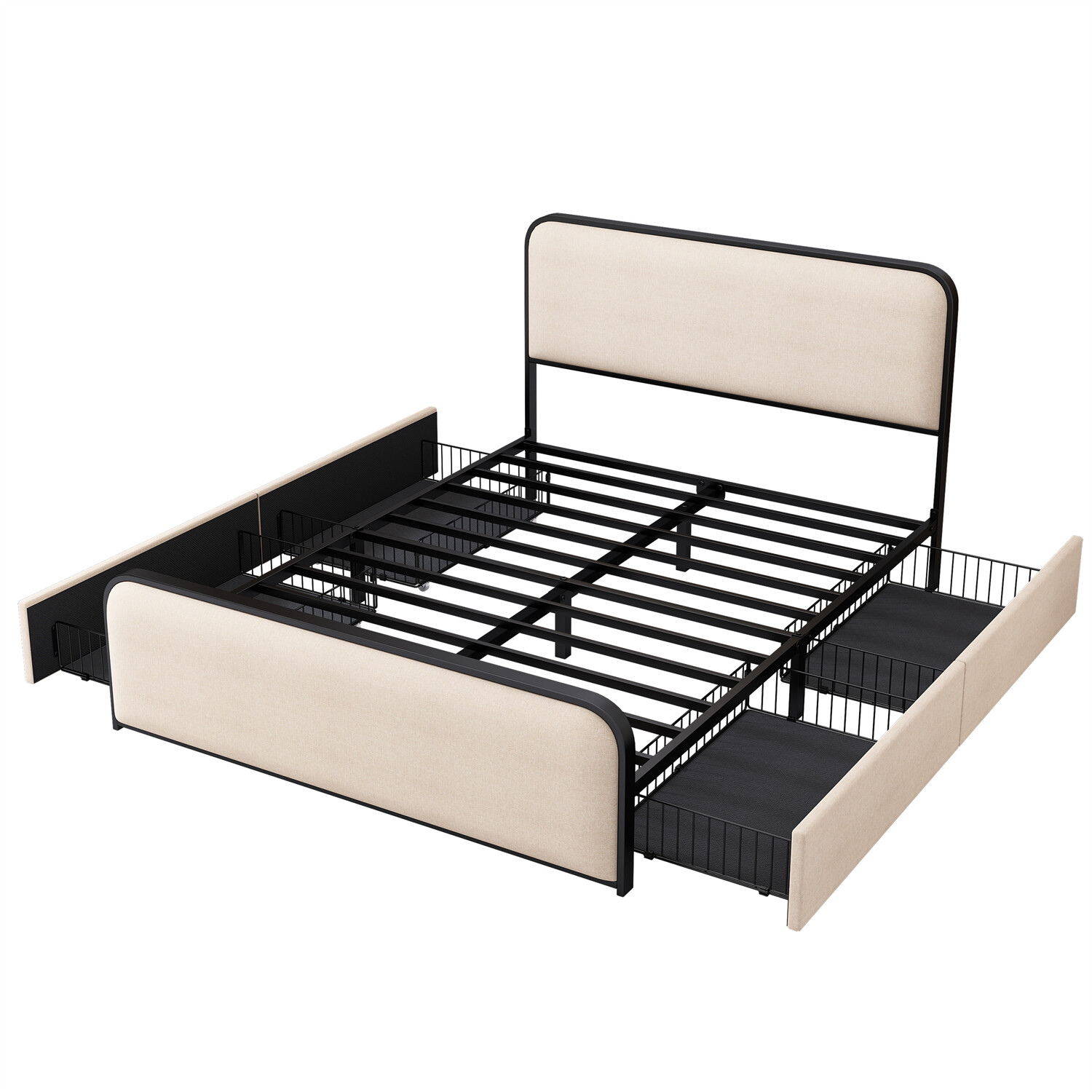 Queen/King Size Bed Frame Metal Platform Bed w/ Headboard & 4 Storage Drawer