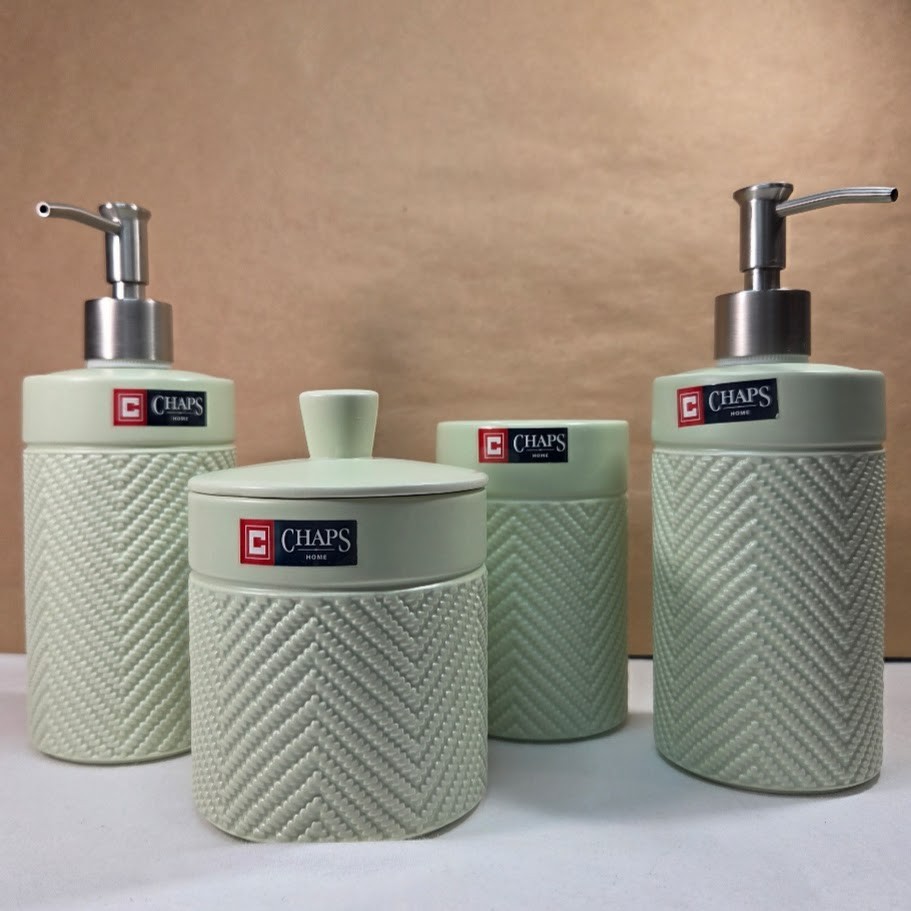 Chaps Home 4 Piece HUDSON Bathroom Accessory Set SHORE Green Chevron Pattern NWT