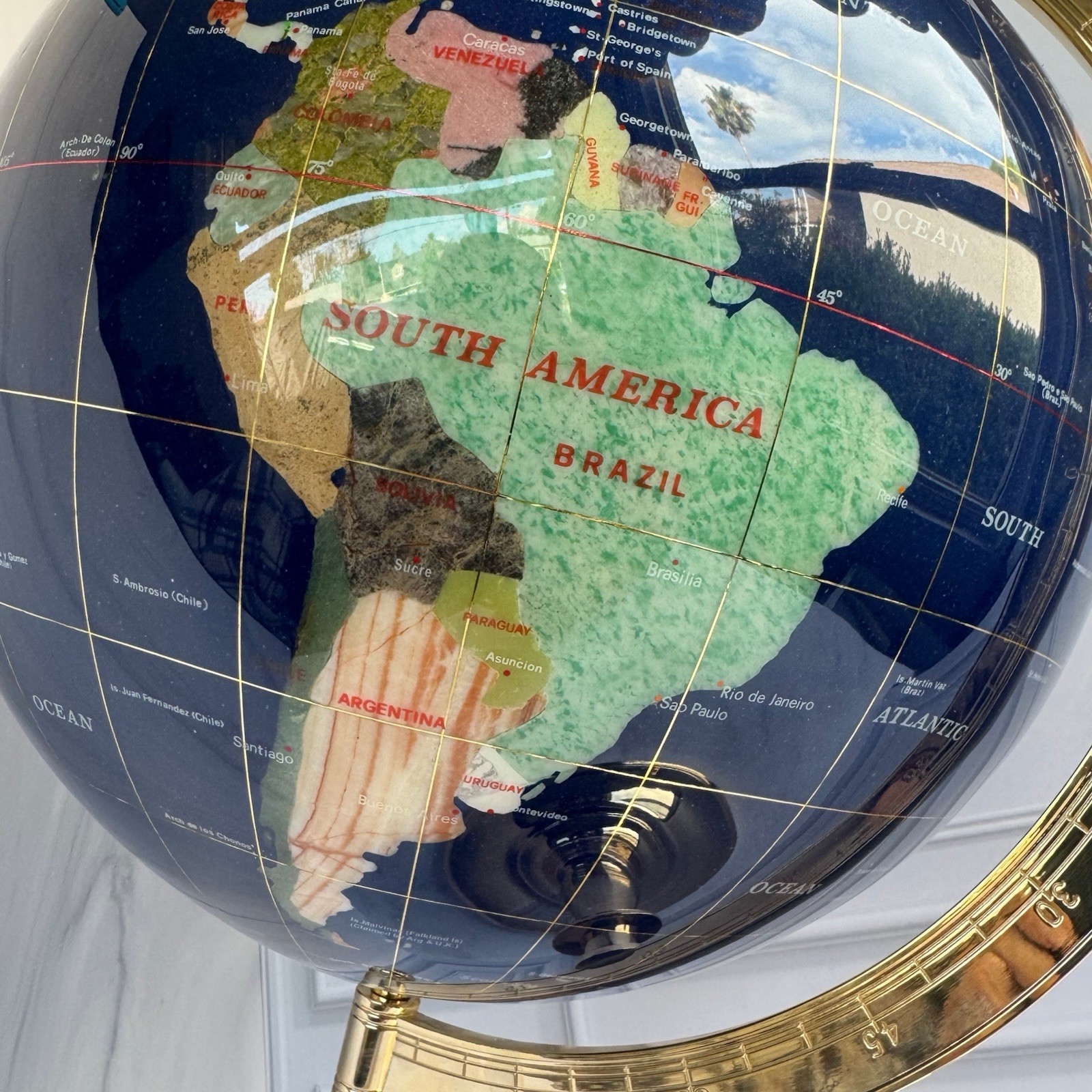 🌍 Large Semi-Precious Stone World Globe on Brass Stand