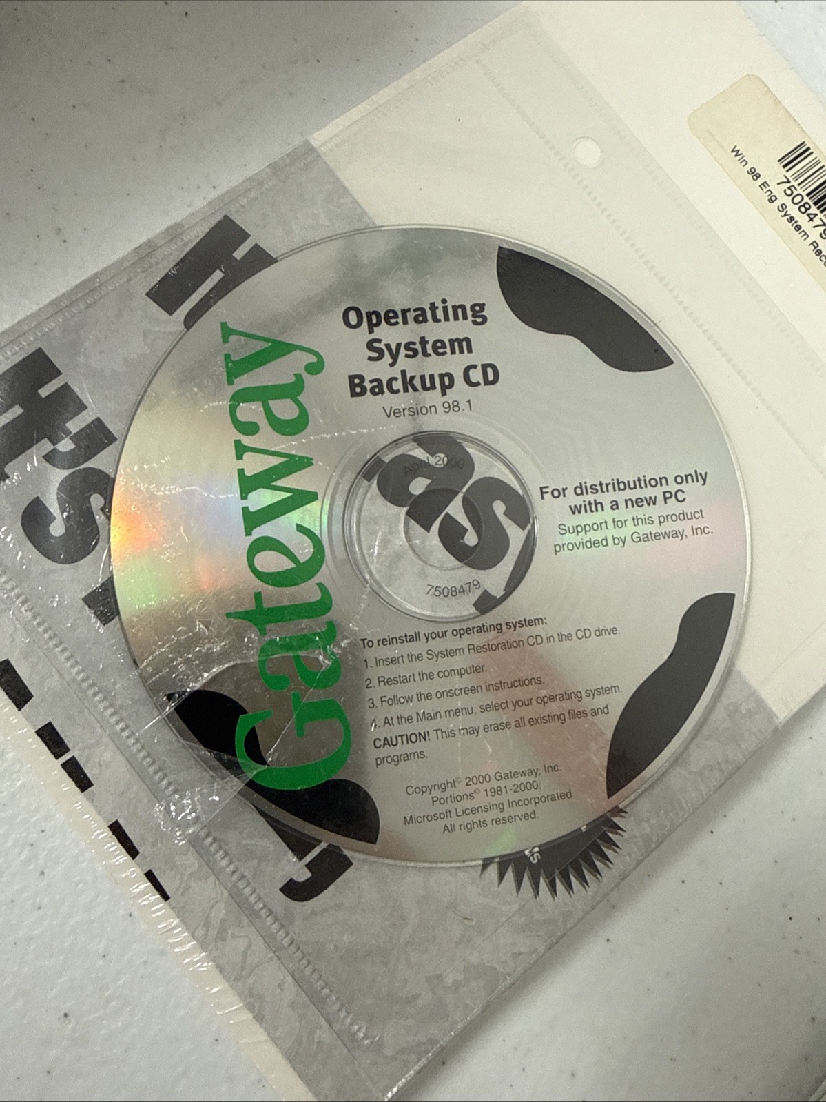Gateway Operating System Backup CD Ver 98.1 Sealed With Booklet Brand New