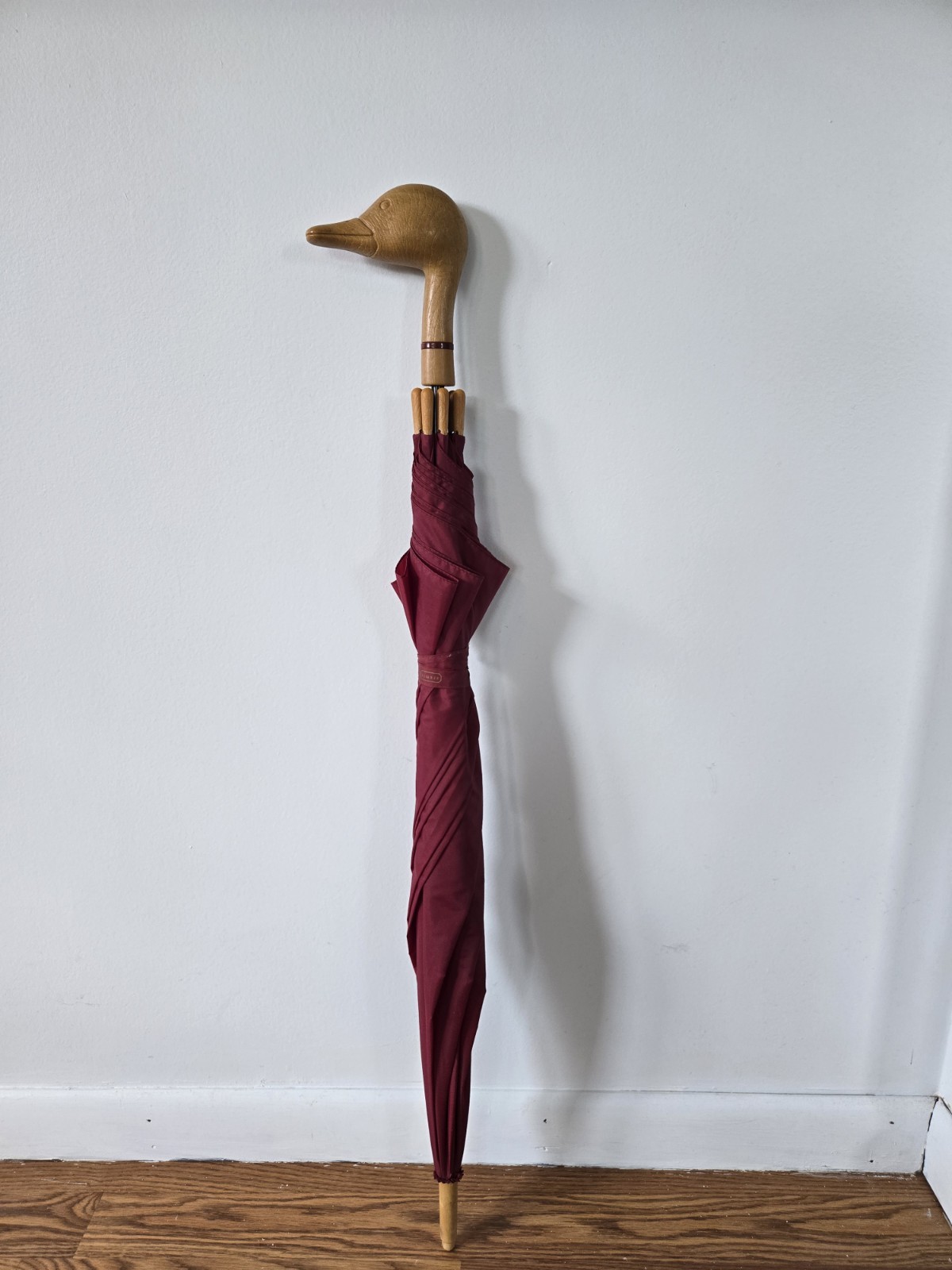 Burgundy Women’s Fashion Umbrella w/ Carved Wood Duck Head Handle Solid