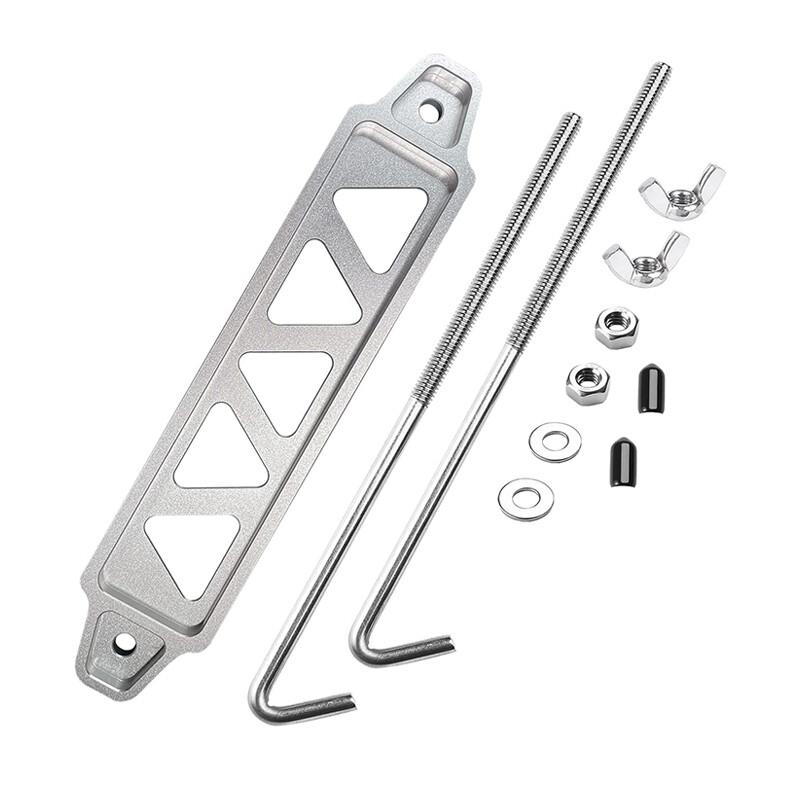 Aluminum Car Battery Hold Tie Down Bracket Mount Kit + 10'' Inch J-Hooks Bolts