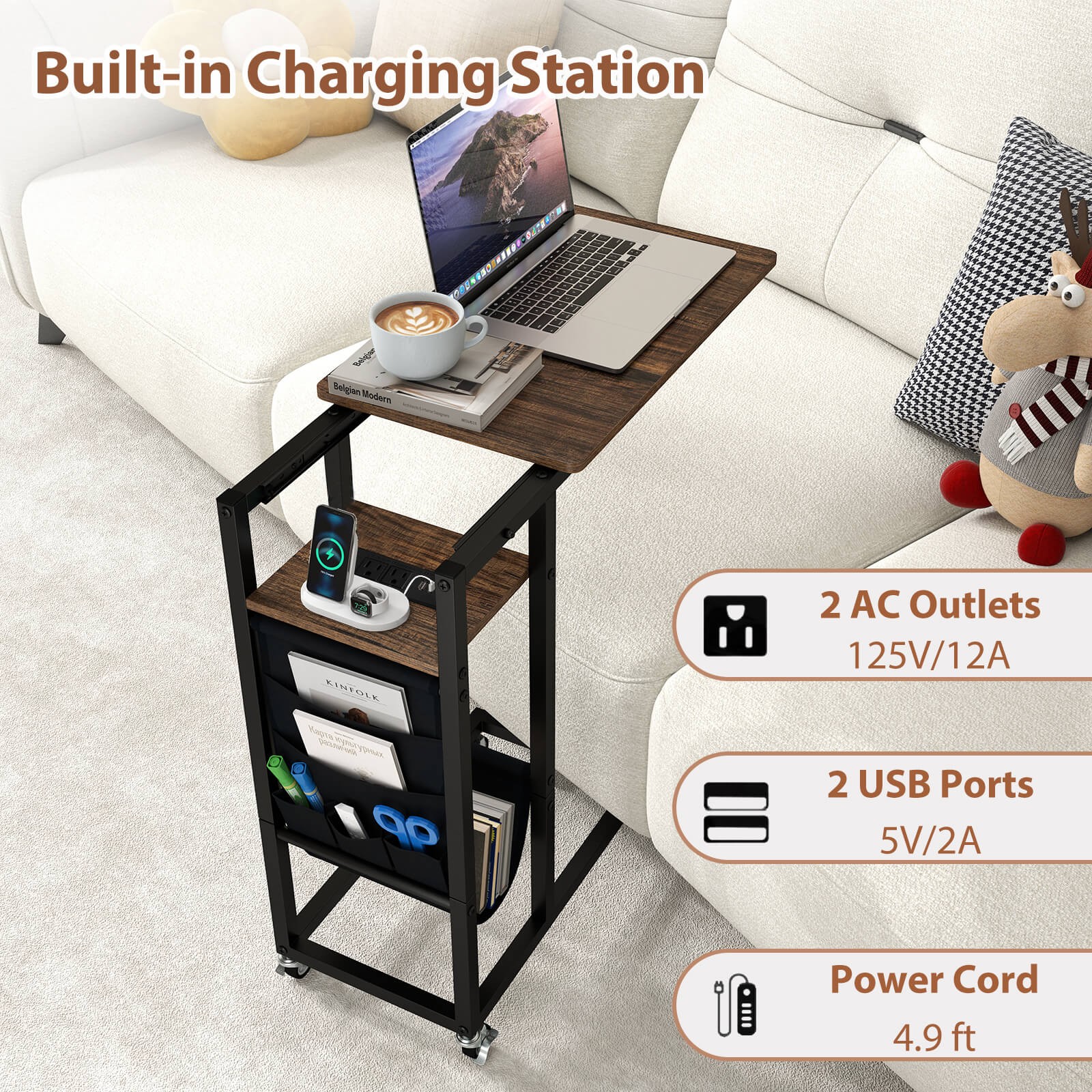 2 PCS C-shaped End Table w/ Charging Station Rolling Bedside Table Couch Side