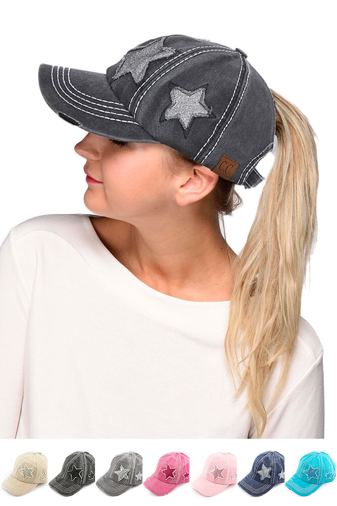 C.C Women's Glitter Star Ponytail Messy Bun Vintage Distressed Mesh Baseball Cap