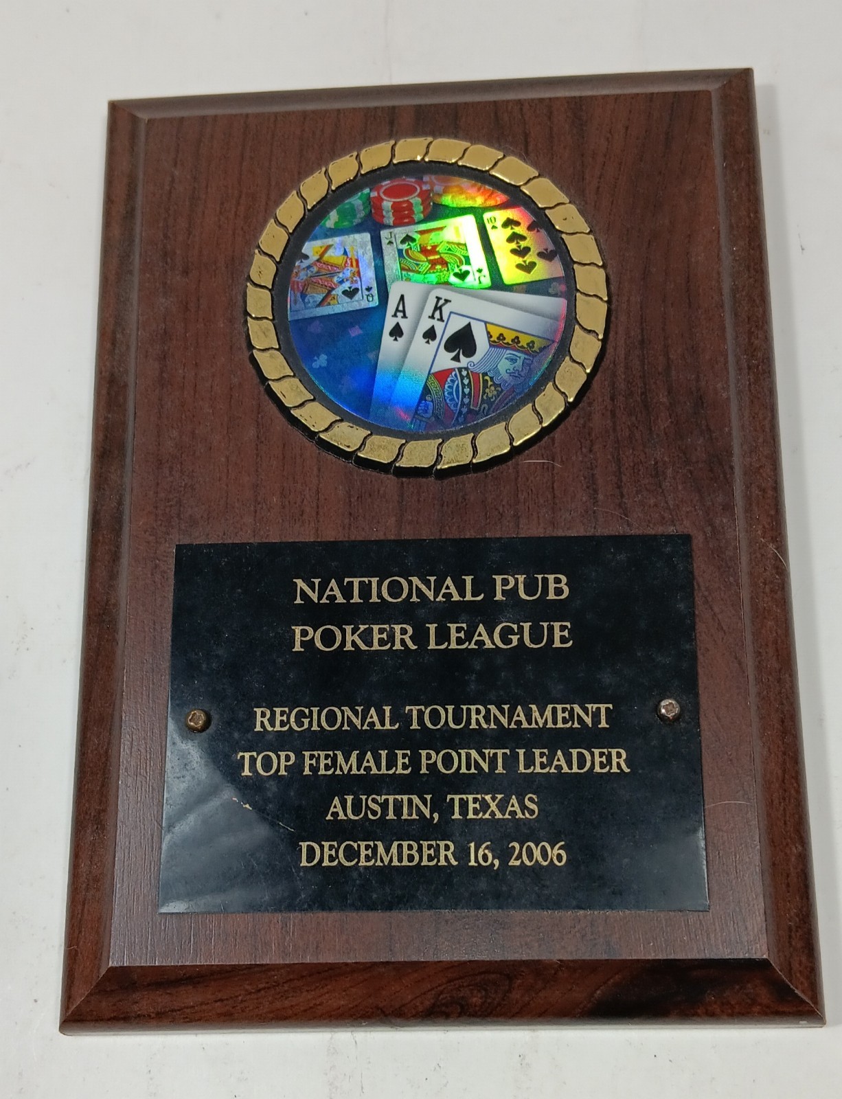 National Pub Poker League Regional Tournament Top Female Point Leader Plaque