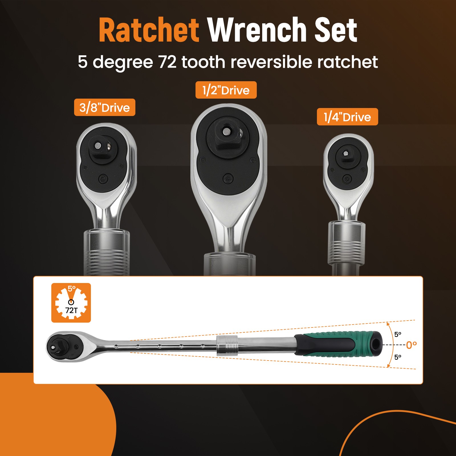 Workshop Ratchet Tool Set 3-Piece Extendable Handle 72-Tooth Quick Release