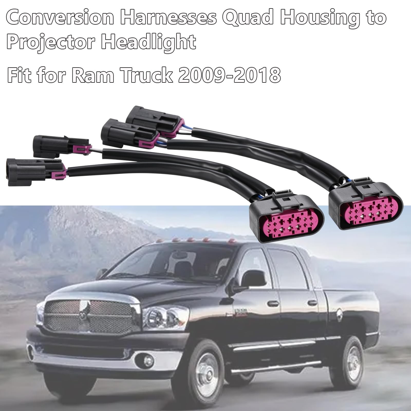 2Pcs Conversion Harnesses Quad Housing to Projector Headlight Fit for Ram