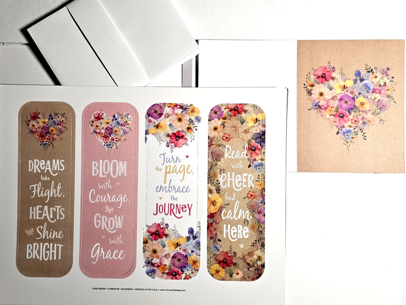 CURRENT Floral Heart 10 Blank Cards/Envelopes ~  48 Stickers ~ 4 Bookmarks  NEW