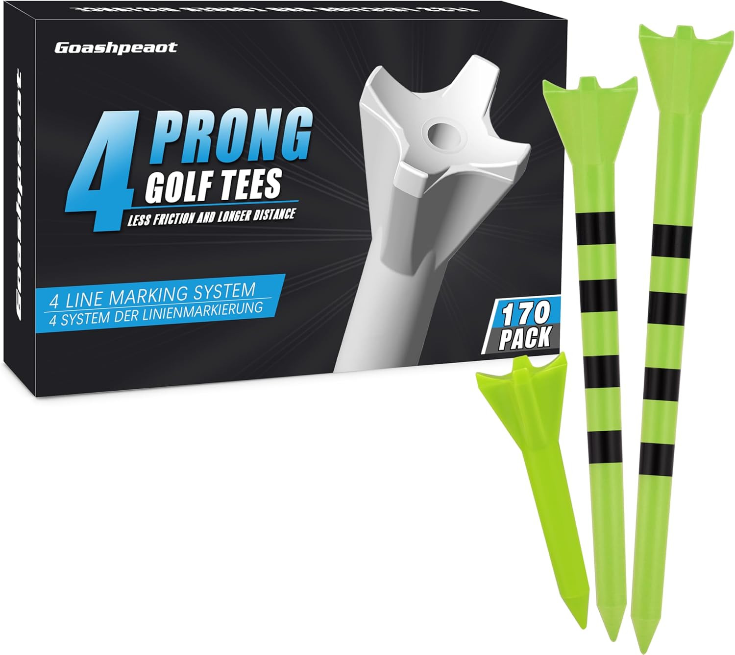 Pro Golf Tees 170 Pack– 4-Prong Reduces Side Spin & Low Friction | 3 Sizes Pack
