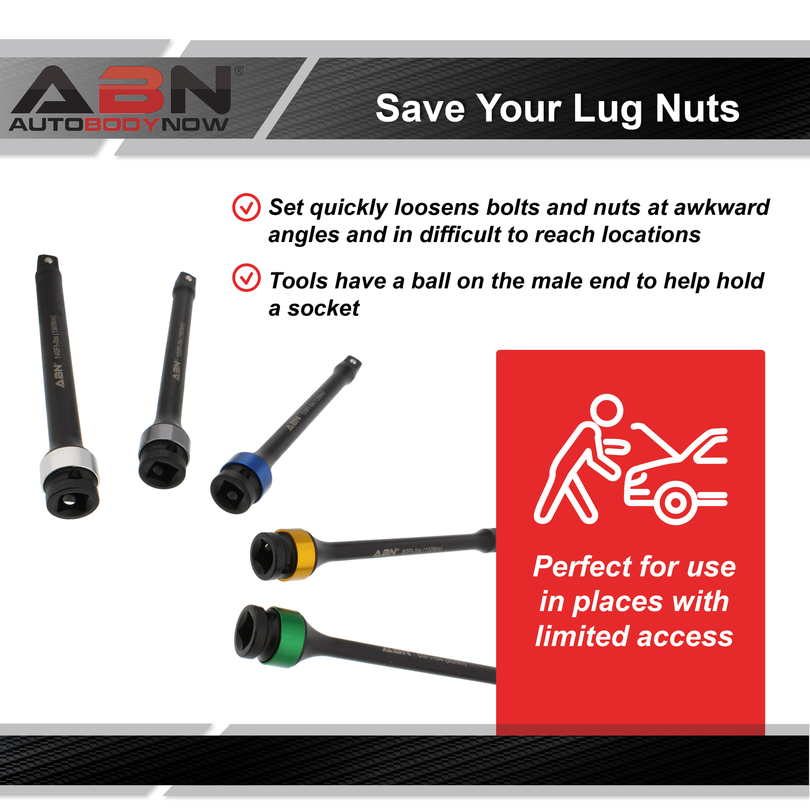 ABN 1/2” Inch Drive 8” Torque Socket Extension Bar 5pc Tool Kit 65-140ft/lb Set