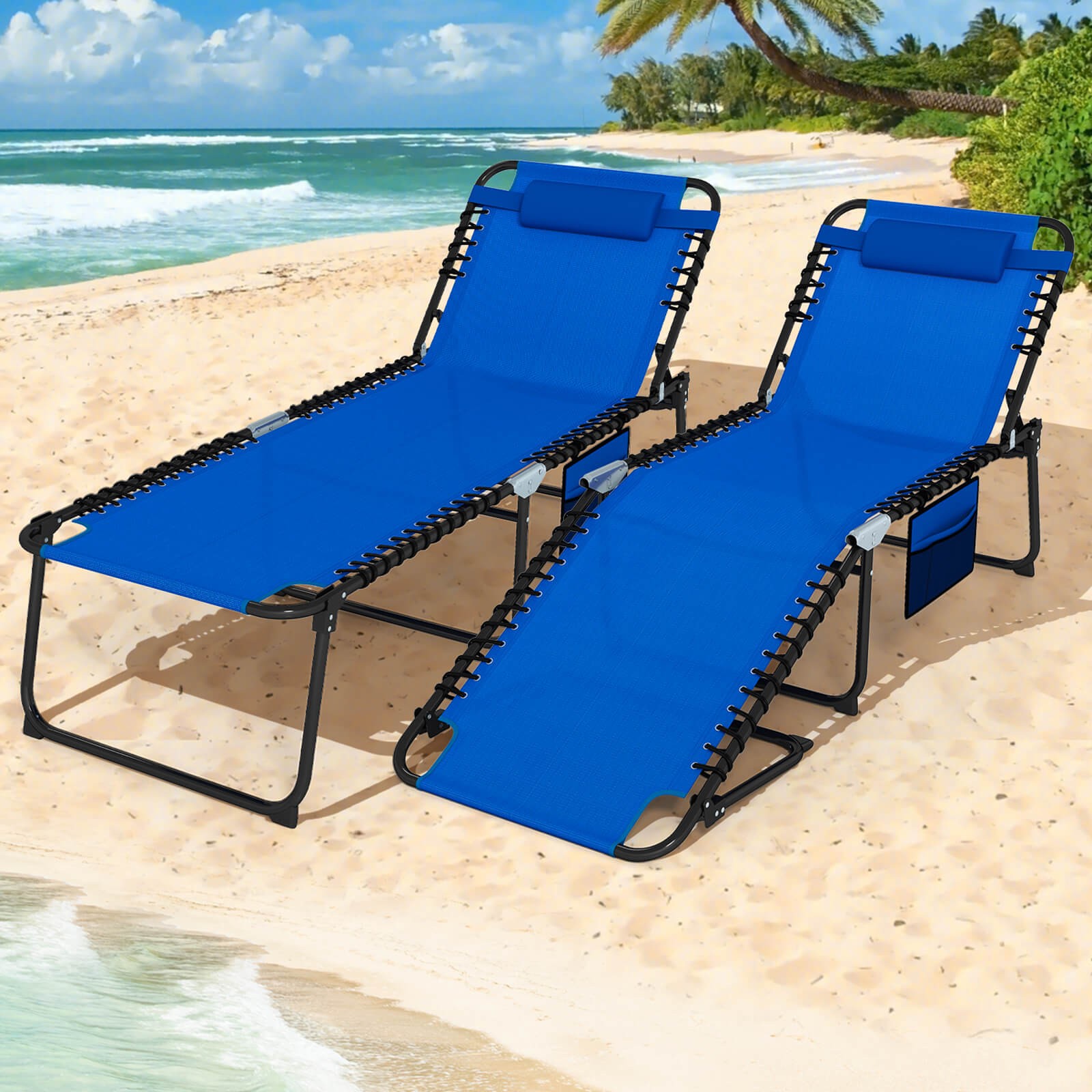 Oversize Folding Chaise Lounge with Adjustable Backrest Detachable Pillow Pocket