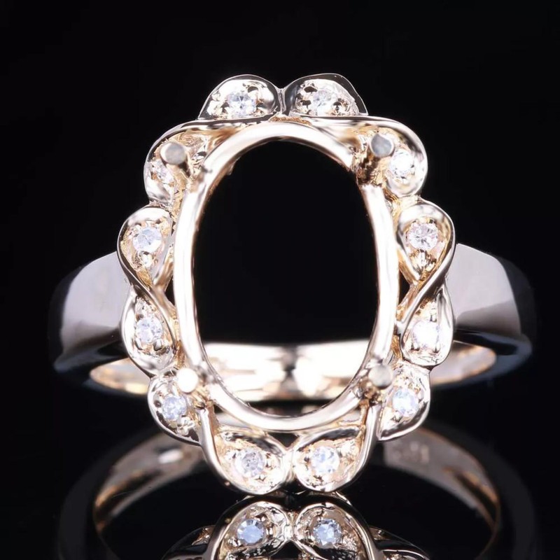 Two Tone Gold 12x10mm Oval Halo Semi Mount Side Accent 925 Sterling Silver Ring